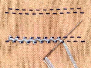 a step by step illustration of how to work stepped threaded running stitch