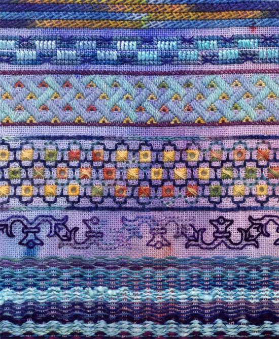 Needlework sampler worked on hand dyed linen