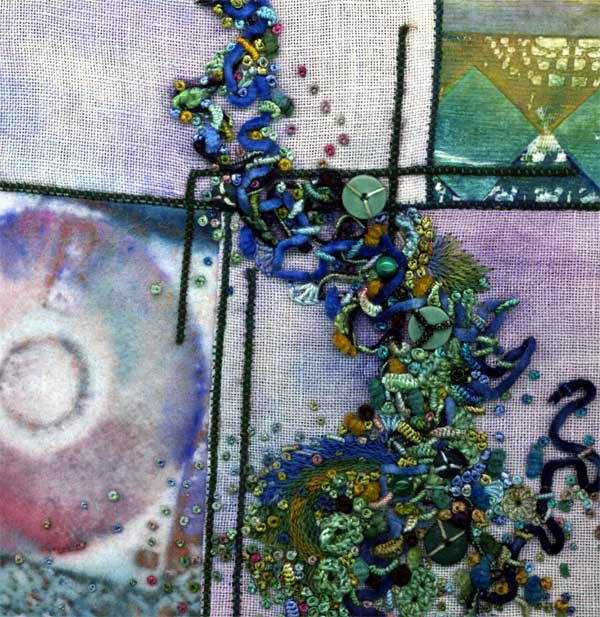 sample of hand embroidery stitched on linen in hand dyed threads