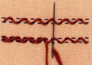 a step by step illustration of how to work double interlaced running stitch