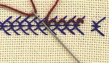 step by step illustration of how to work threaded reverse fly stitch