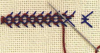 step by step illustratio of how to work threaded reverse fly stitch
